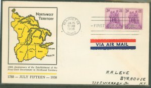 US 837 1938 3c Northwest Territory 150th Anniversary (pair) on an addressed FDC with a yellow Linprint Cachet