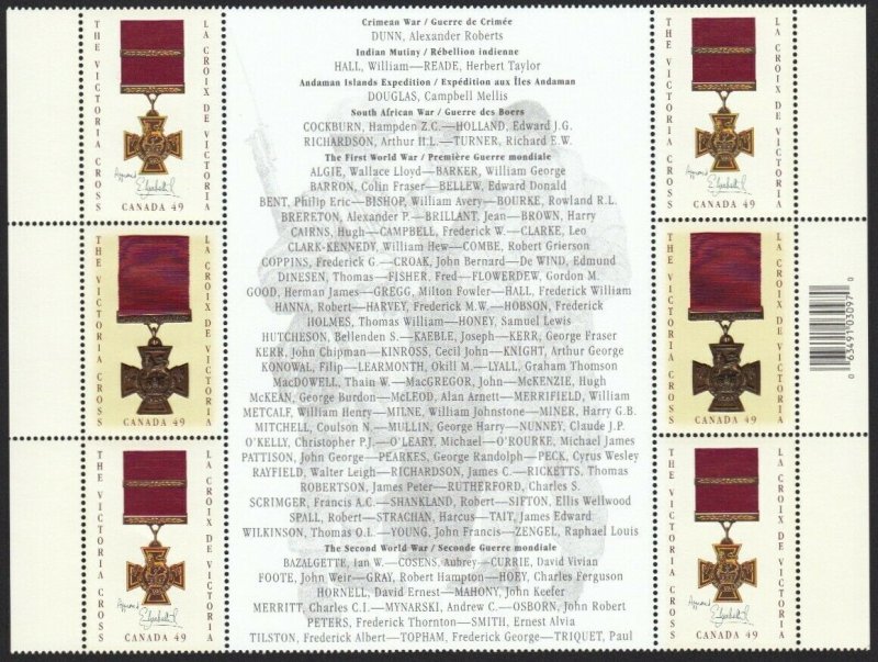 VICTORIA CROSS = Block of 6 with LIST OF THE RECIPIENTS = Canada 2004 #2066a MNH