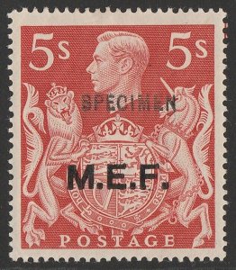 BRITISH OCCUPATION OF ITALIAN COLONIES 1943 MEF on KGVI 5/- SPECIMEN.