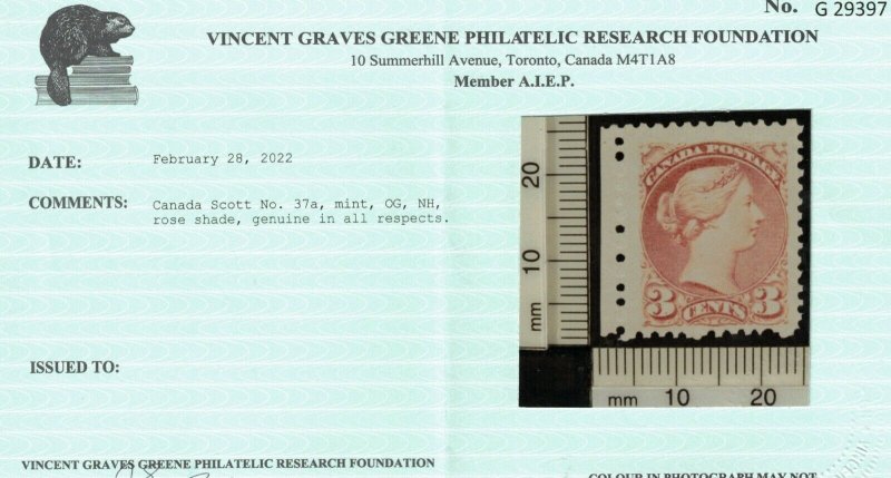 Canada #37a Very Fine Never Hinged Left Margin Example **With Certificate**