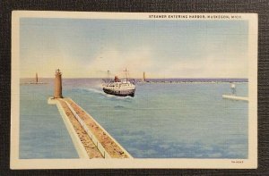 1939 Linen Postcard Cover Steamer Entering Harbor Muskegon MI to Clinton CO