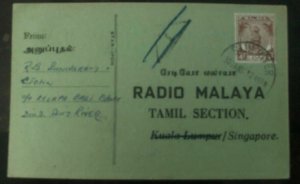 1956 Slim River Malaya Radio Postcard Cover To Singapore Tax Mark Crossed Out