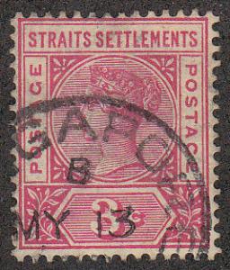 Straits Settlements 3c Carmine Rose (95) (Scott #84) Used