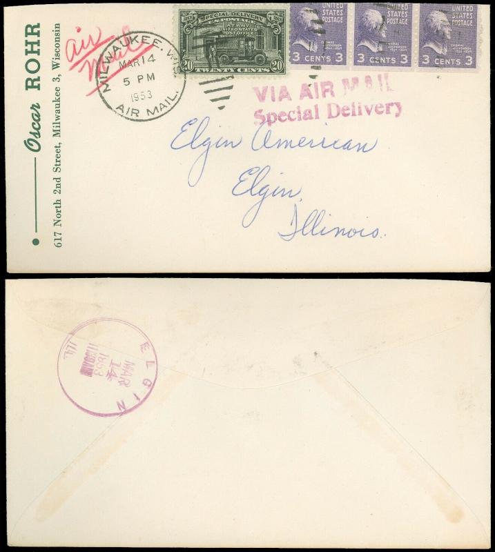1953 Milwaukee, Combo Services, VIA AIR MAIL SPECIAL DELIVERY H/S, SC #807 #E19!