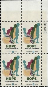 Scott # 1385 1969 6c multi Litho& Hope For the
Crippled ; TAGGED Plate Block ...