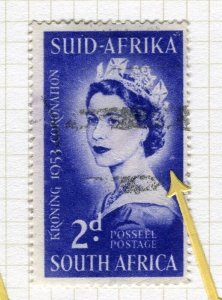 SOUTH AFRICA; 1953 QEII Coronation issue 2d. fine used PLATE FLAW value