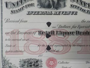 1884 $25 U.S. Internal Revenue, Dealer License Retail Liquor Special Tax Stamp