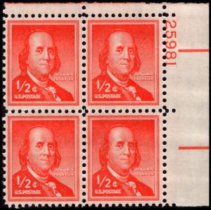 US #1030a BENJAMIN FRANKLIN MNH UR PLATE BLOCK #25981 DURLAND .25¢