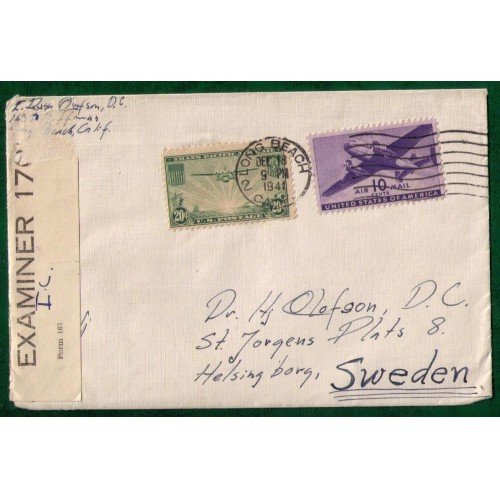 1941 Scott C21,C27 Air Mail Cover Long Beach,Calif To Sweden Very Fine