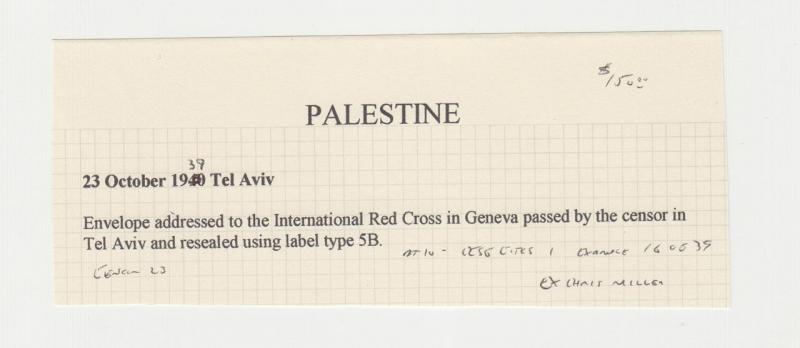 PALESTINE -RED X GENEVA 1939 SCARCE CENSOR COVER, TAPE#5B, 15m RATE(SEE BELOW