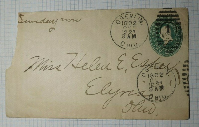 US Sc# U311 Used Entire 1892 Oberlin OH to Elxria