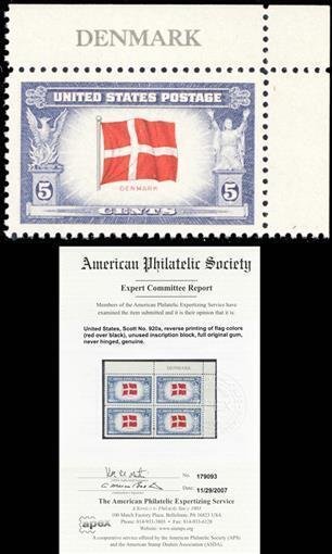 920a, MNH 5¢ Denmark Reverse Printing of Flag Colors With APS Cert - Stuart Katz