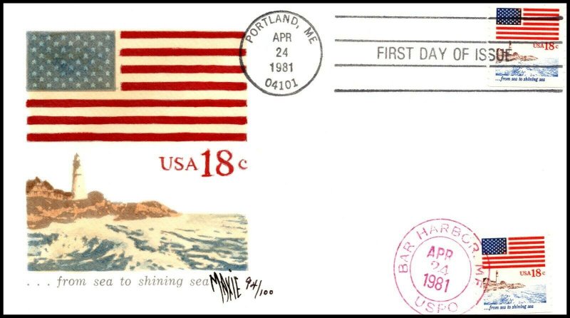 Scott 1891 18 Cents Flag & Anthem Andrews FDC Hand Colored by Maxi FDC 94 Of 100
