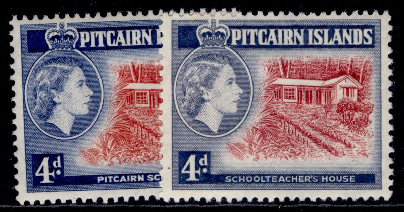 PITCAIRN ISLANDS QEII SG23 + 23a, 4d SHADE & TYPE VARIETIES, M MINT.