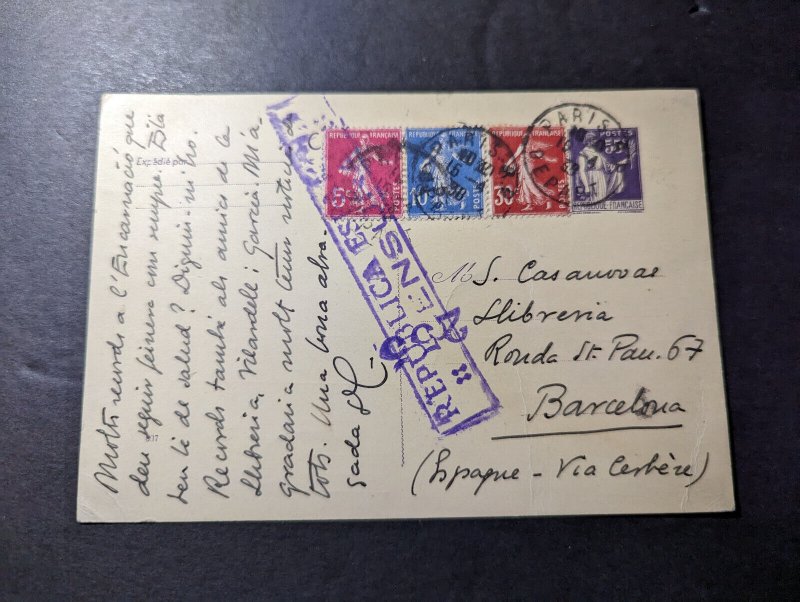 1938 France Postcard Cover Paris RP to Barcelona Spain