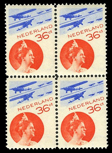 Netherlands #C9 Cat$280+, 1931 36c orange red and dull blue, block of four, n...