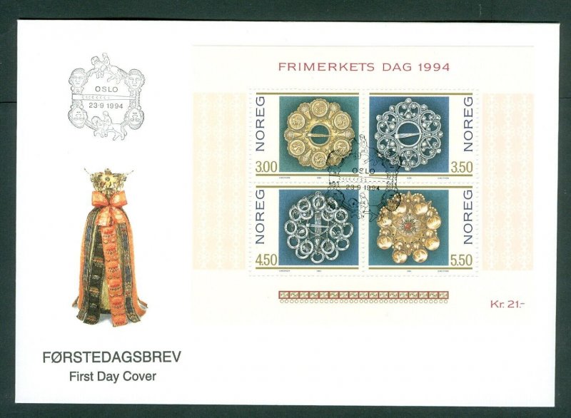Norway. 1994 FDC Cachet. Souv. Sheet. Stamp Day. Broaches. Sc#  1069.