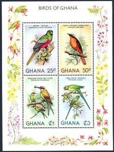 Ghana 750, MNH. Michel Bl.88. Birds 1981. Trogon, Robin-chat,Bee-eater,Parakeet.