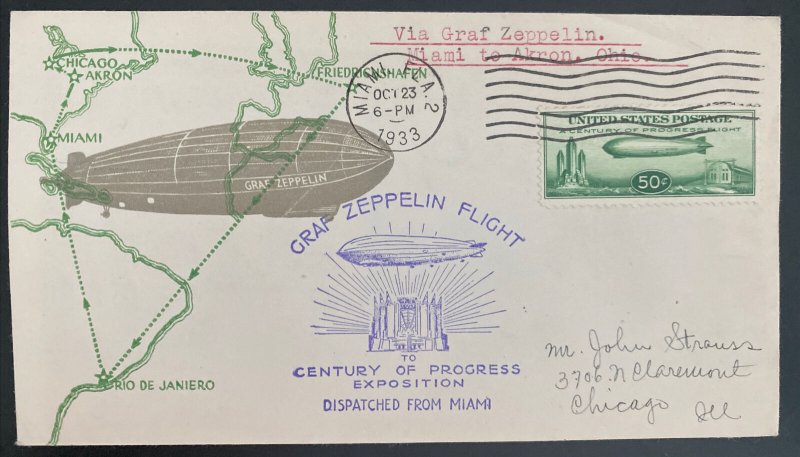 1933 Miami Fl USA LZ 127 Graf Zeppelin cover To Century Of Progress Exhibit #C18