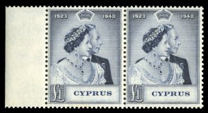 Cyprus #159 Cat$115, 1948 £1 Silver Wedding, left margin horizontal pair, ne...