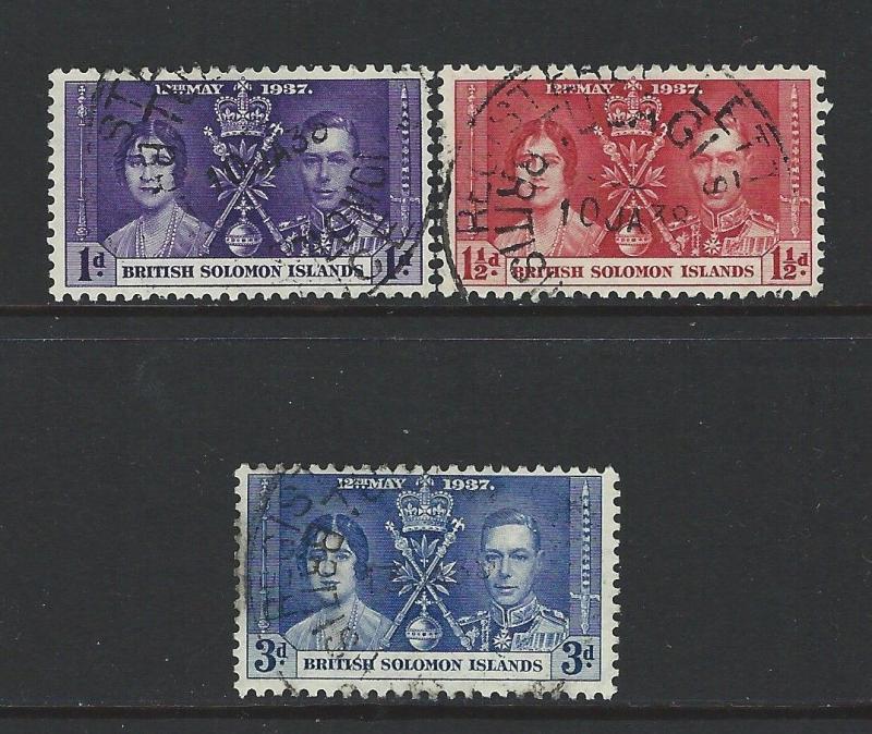 BRITISH SOLOMON ISLANDS - #64-#66 - KING GEORGE VI CORONATION USED SET (1937)