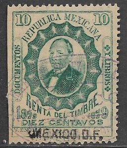 MEXICO REVENUES 1879 10c Juarez Documentary Tax MEXICO DF Control Used DO51