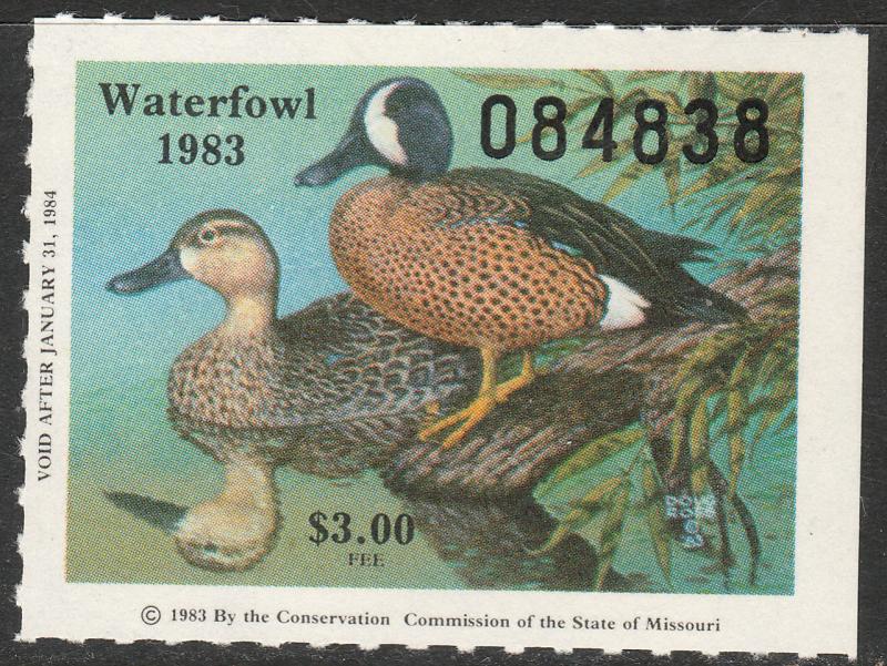 U.S.-MISSOURI 5, STATE DUCK HUNTING PERMIT STAMP. MINT, NH. VF