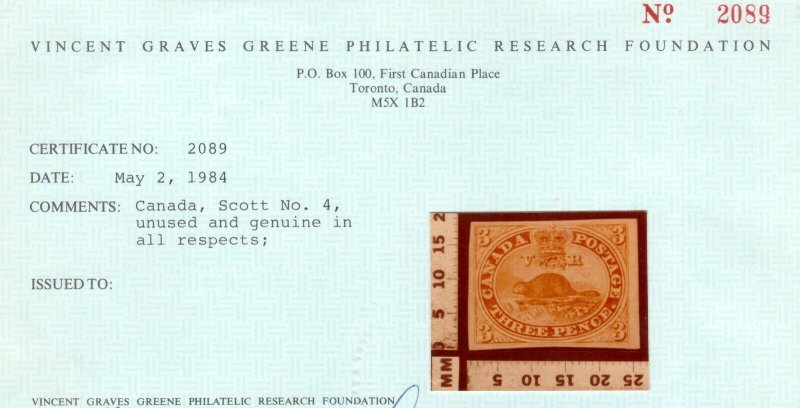 Canada #4 Extra Fine Mint Unused (No Gum) With Large Margins **With Cert.**