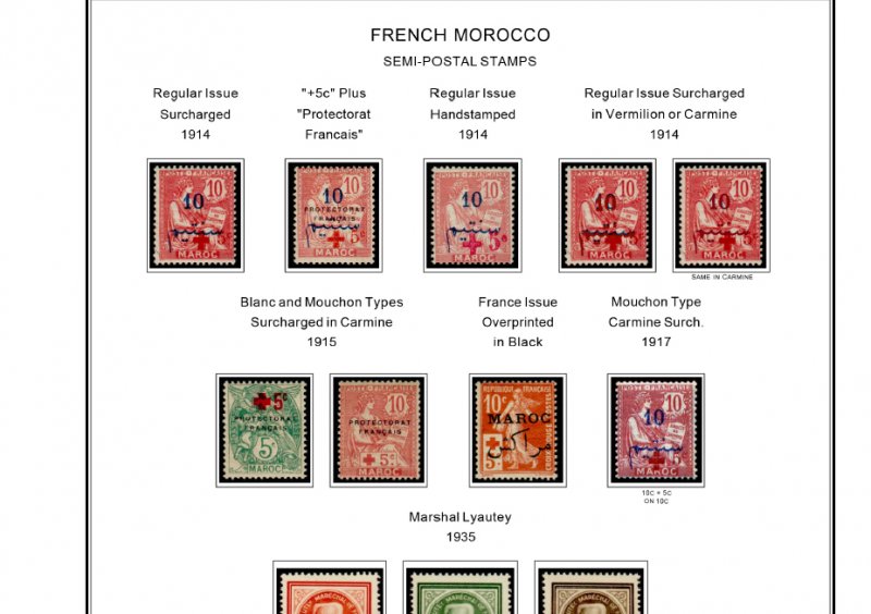 COLOR PRINTED FRENCH MOROCCO 1891-1955 STAMP ALBUM PAGES (46 illustrated pages)