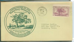 US 772 1935 3c Connecticut Tercentennary (Charter Oak) single on an addressed (typed) FDC with a Waterbury Democratic (1st) cach