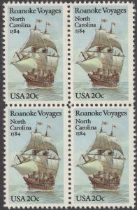 1984 Roanoke Voyages Block Of 4 20c Postage Stamps, Sc# 2093, MNH, OG