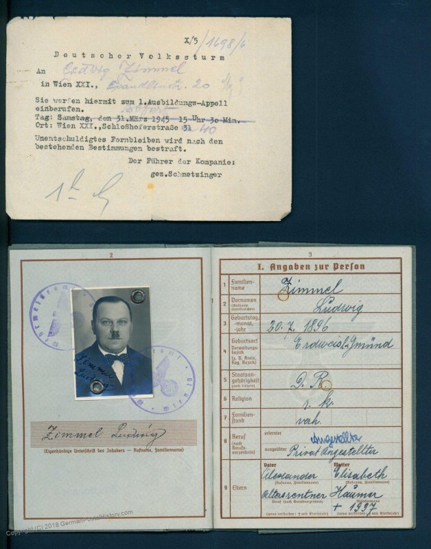 3rd Reich Austria 1945 Germany Volksturm Military ID Service Book Wehrpass 93548