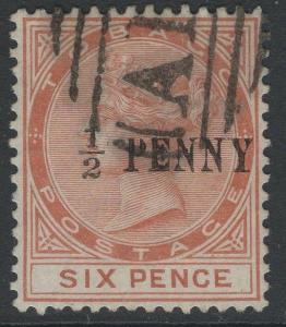 TOBAGO SG28var 1888 ½ on 6d ORANGE-BROWN NARROWER SPACING(STAMP 7 2¾mm) USED