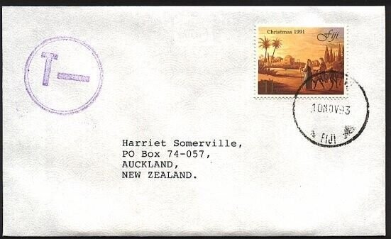FIJI 1993 cover to NZ with T in circle tax mark............................93232