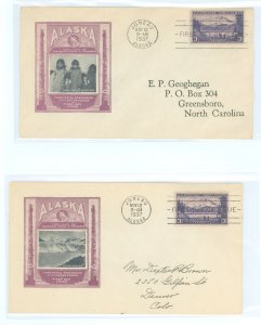 US 800 3c Alaska (part of the 1937 US Possession series) singles on two addressed first day covers with Ioor cachet varieties (N