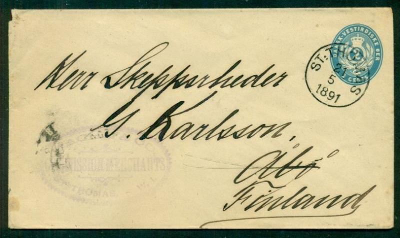 DANISH WEST INDIES 1891 2¢ env tied St Thomas to FINLAND via ship AUS WESTINDIEN