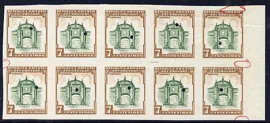 Uruguay 1954 Citadel 7c brown & green in imperf proof...