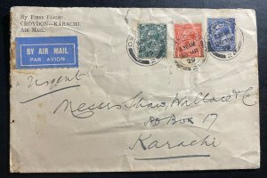 1929 Croydon England First Flight Early Airmail Cover FFC To Karachi India