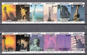 St. Vincent & others, 1986 issue. Statue of Liberty on 2 strips of 6.