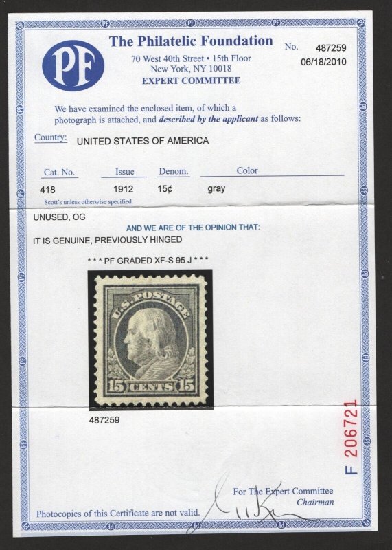 SCOTT #418 - MINT - XF/Superb-95 J- OGxlh -w/PF Cert. - SMQ $300