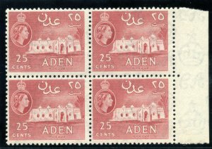 Aden 1956 QEII 25c deep rose-red block of four superb MNH. SG 55.
