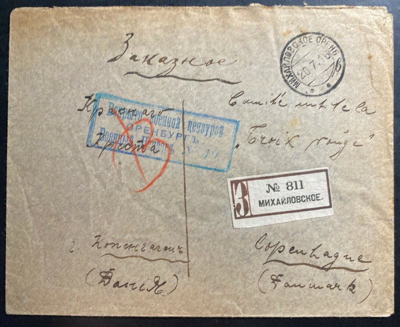 1916 Mikhailovsky RUSSIA Registered Censored Cover To Copenhagen Denmark 