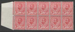 GB SG330 1911 1d PALE CARMINE BLOCK OF 10 MNH