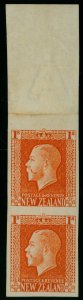 New Zealand Error 1915 King George V 1/- Orange Imperf vert pair top selvedge