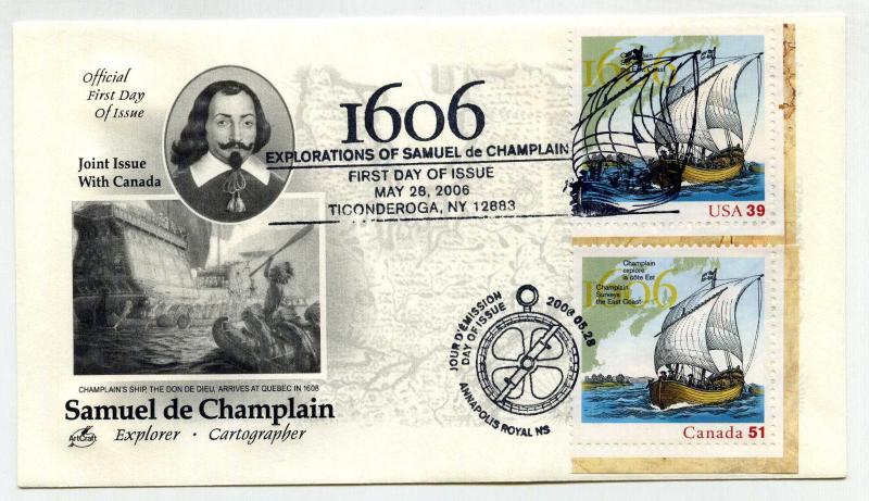 4074 + Canada Samuel de Champlain ArtCraft dual cancel FDC Ticonderoga, NY