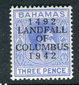 BAHAMAS; 1942 early GVI LANDFALL COLUMBUS issue Mint hinged 3d. value