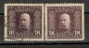 BOSNIA-AUSTRIA - 2 USED STAMPS, 1K - DIFERENT COLOR - 1912.