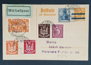 1922 Munich to Nuremberg Germany Multi Franking Early Air Mail Postcard Cover