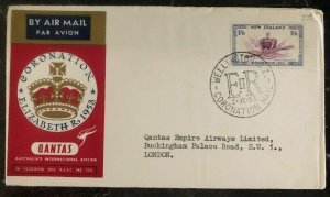 1953 Wellington New Zealand Coronation cover FDC Queen Elizabeth II QE To London