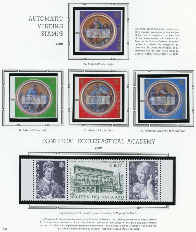 VATICAN CITY 2002  COMPLETE YEAR SET STAMPS WITH BOOKLET  MINT NH ON ALBUM PAGES